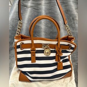 Michael Kors Hamilton Canvas Striped Large Tote Navy Blue